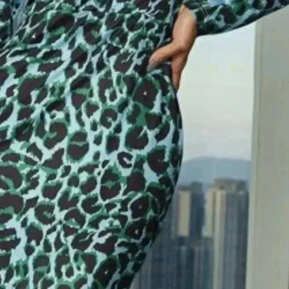 Women's Blue Animal Print Dress - Split - Long Sleeve Dress- Size Medium - Picture 4 of 11